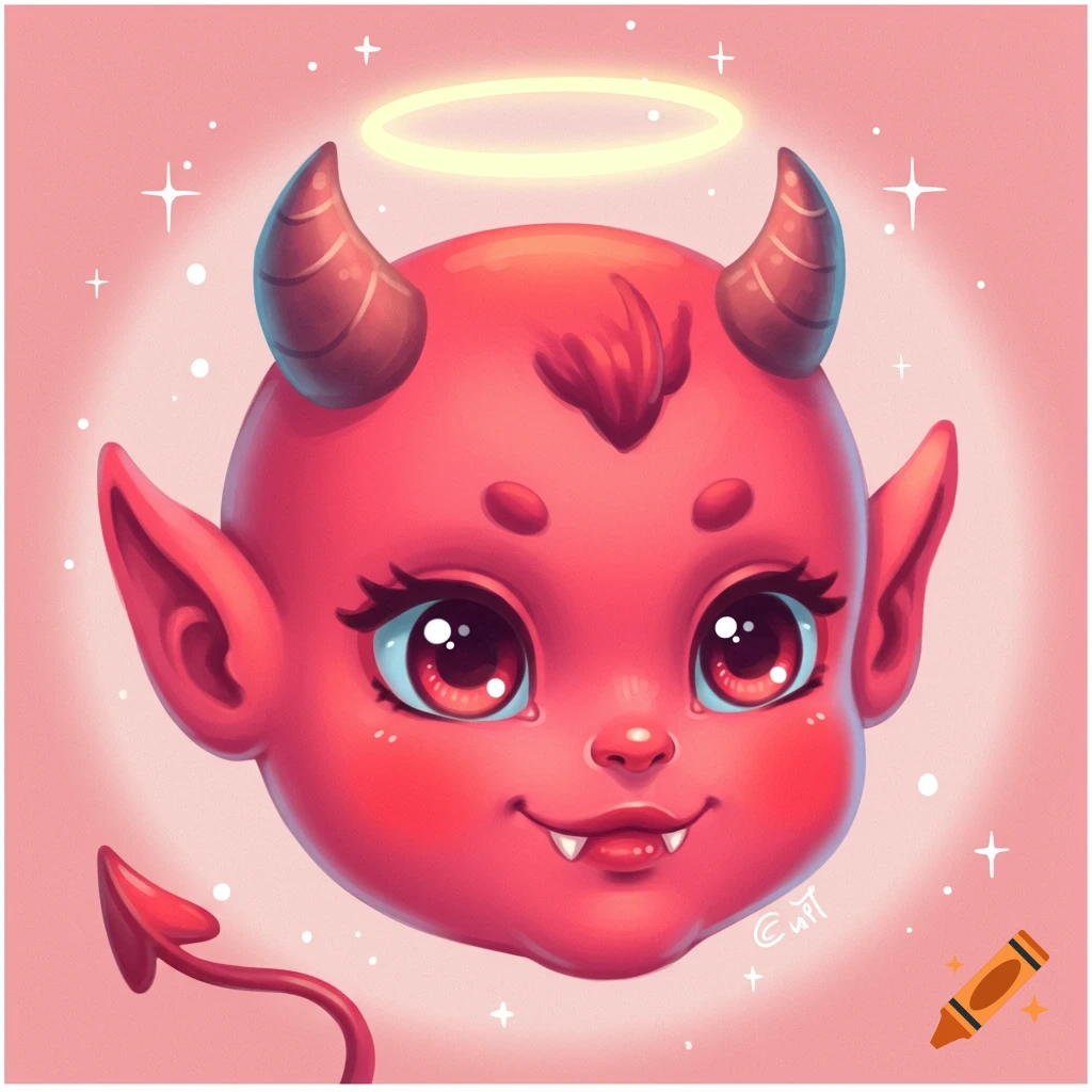 Cute cartoon devil face with horns and a halo on a pink background, digital illustration