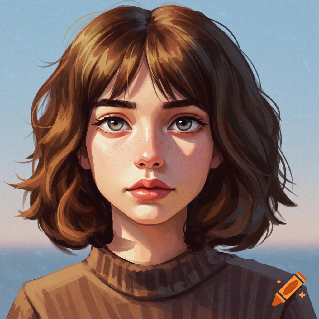 A young woman with brown hair and freckles wearing a brown sweater