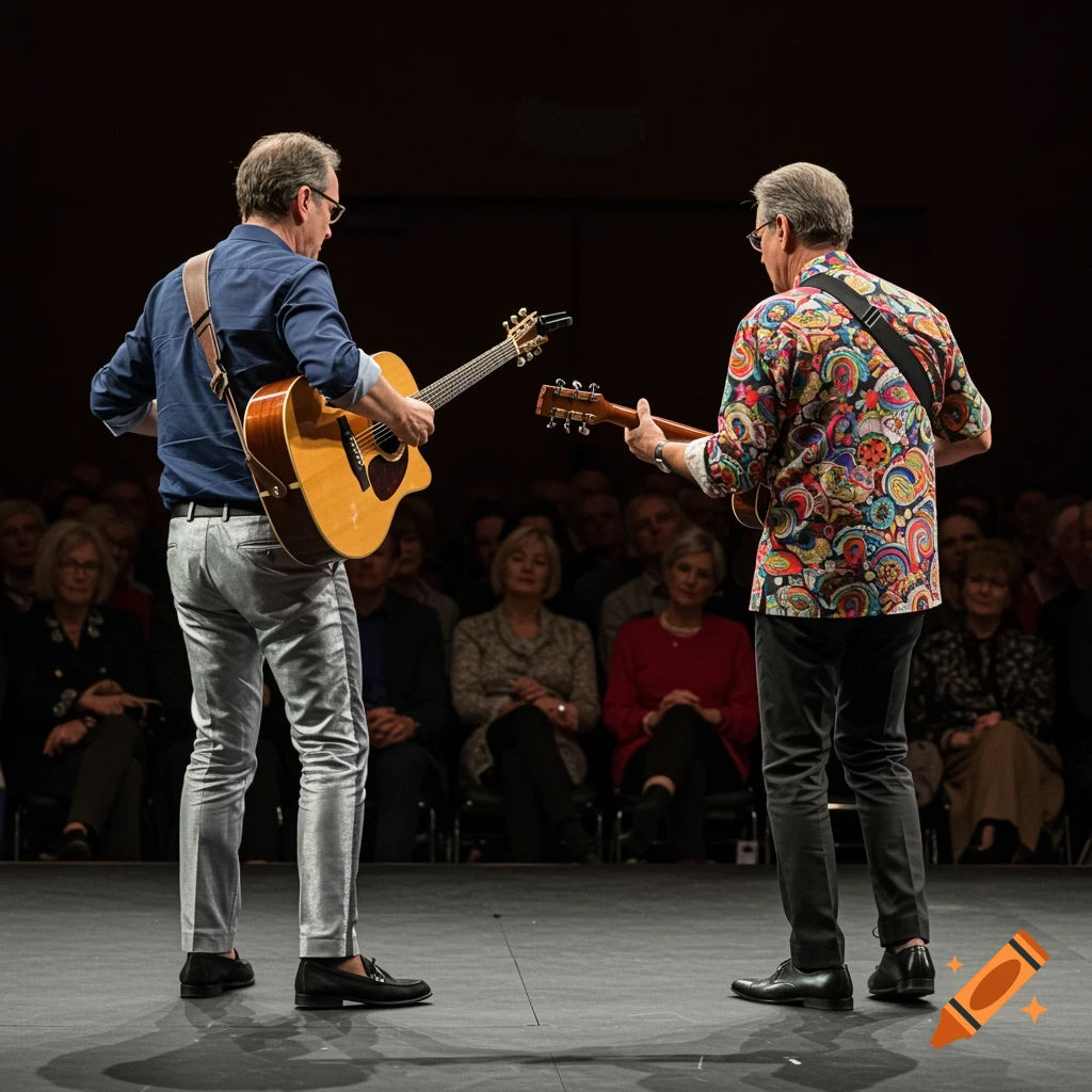 Two men play acoustic guitars on stage for an audience, seen from behind.