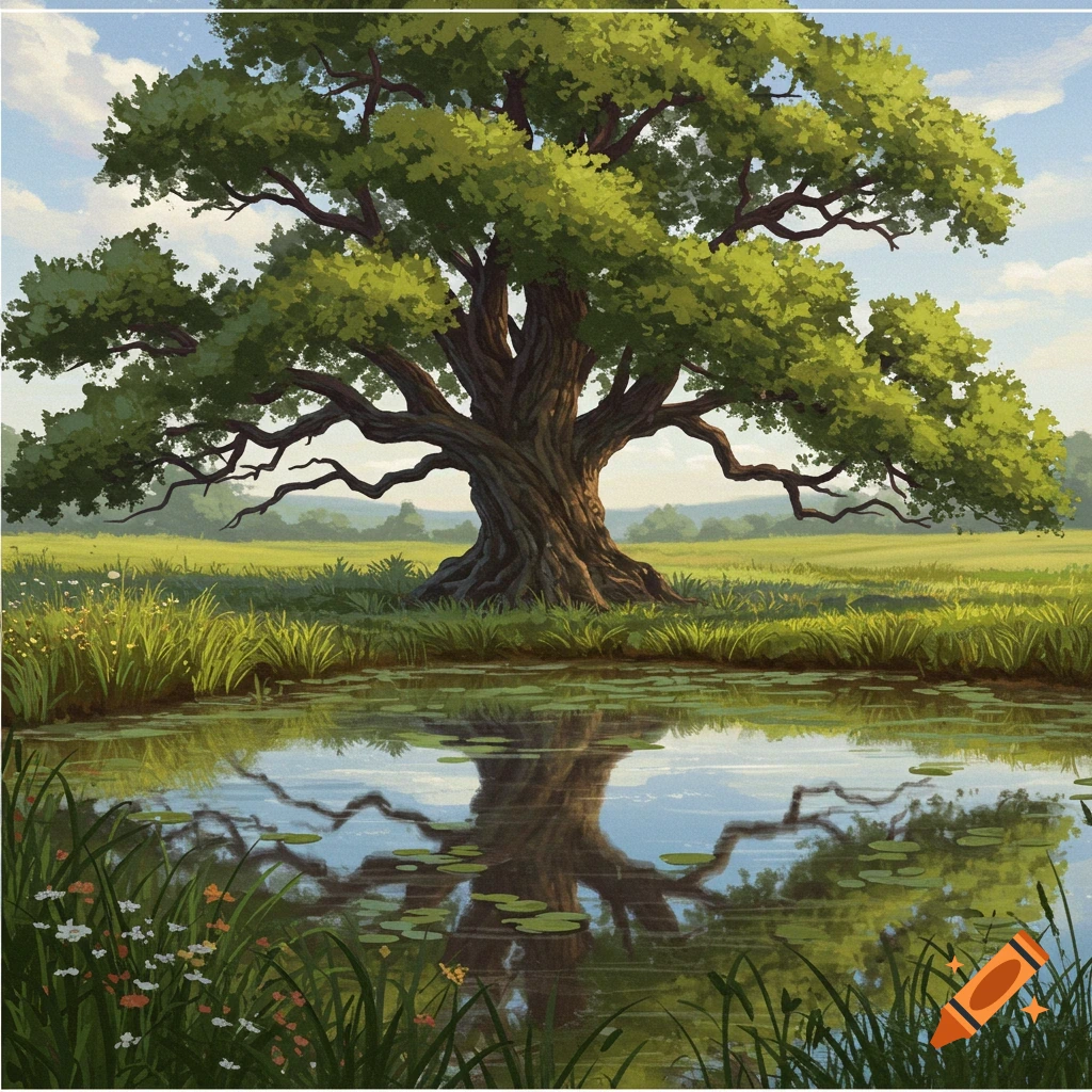 A large tree is reflected in a pond within a grassy field.