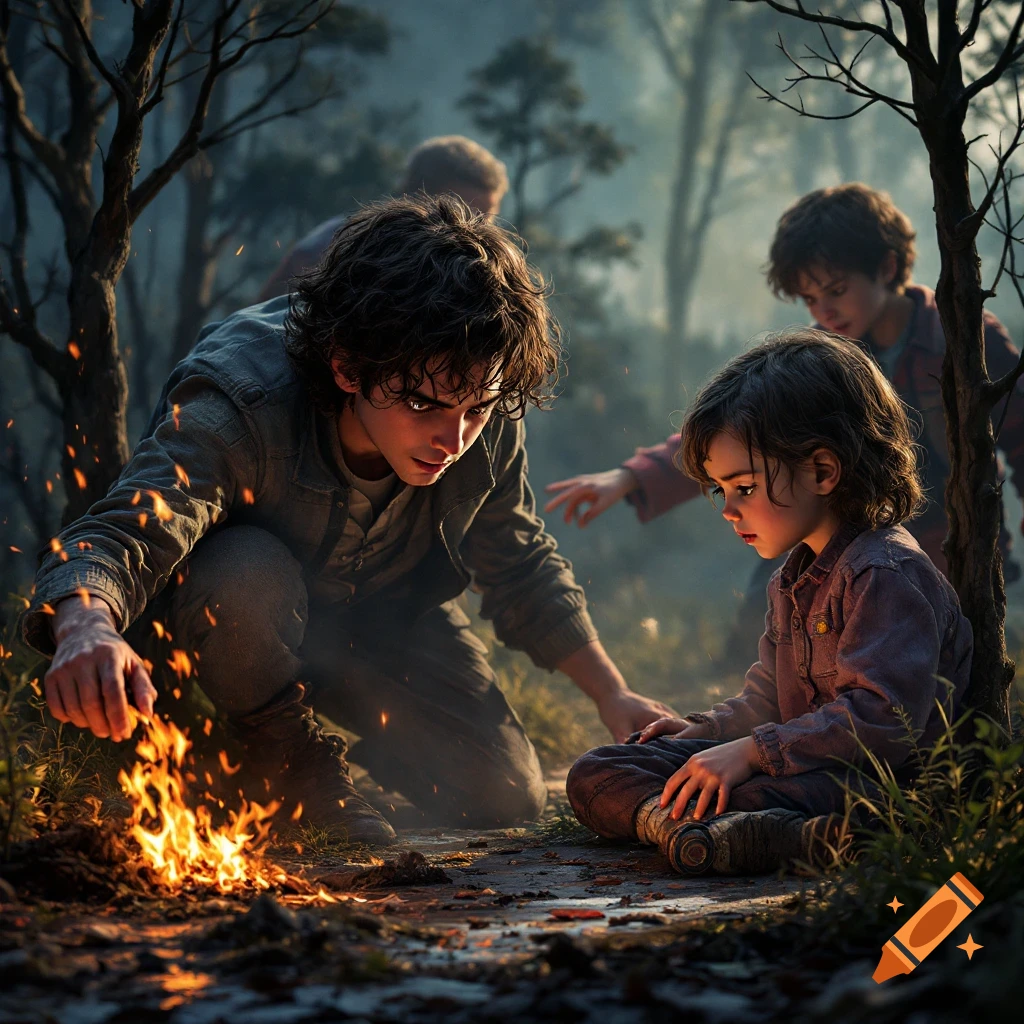 Four children in a dark forest gathered around a small fire.