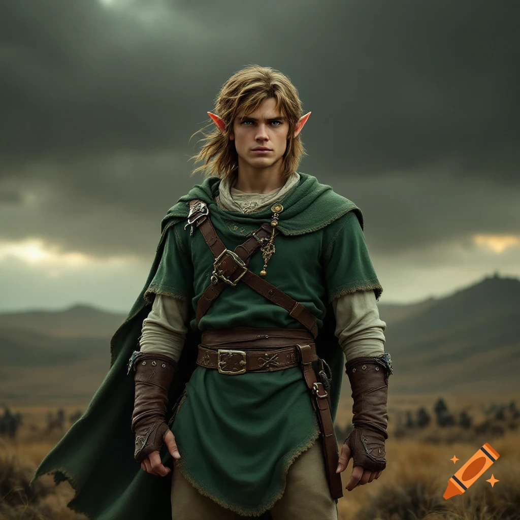 Photorealistic portrait of a fantasy character in a green tunic and pointed ears, standing in a field under dark clouds.