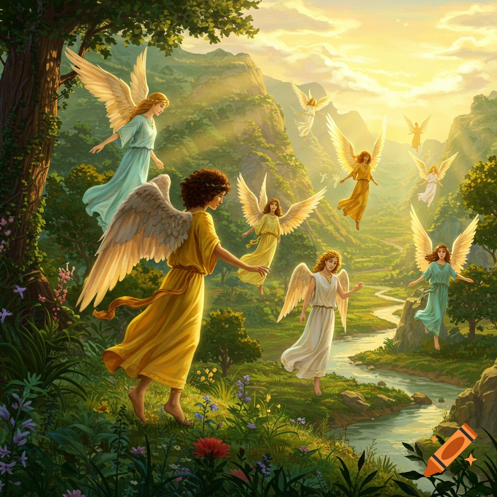 Angels in a sunny, mountainous landscape with a river.