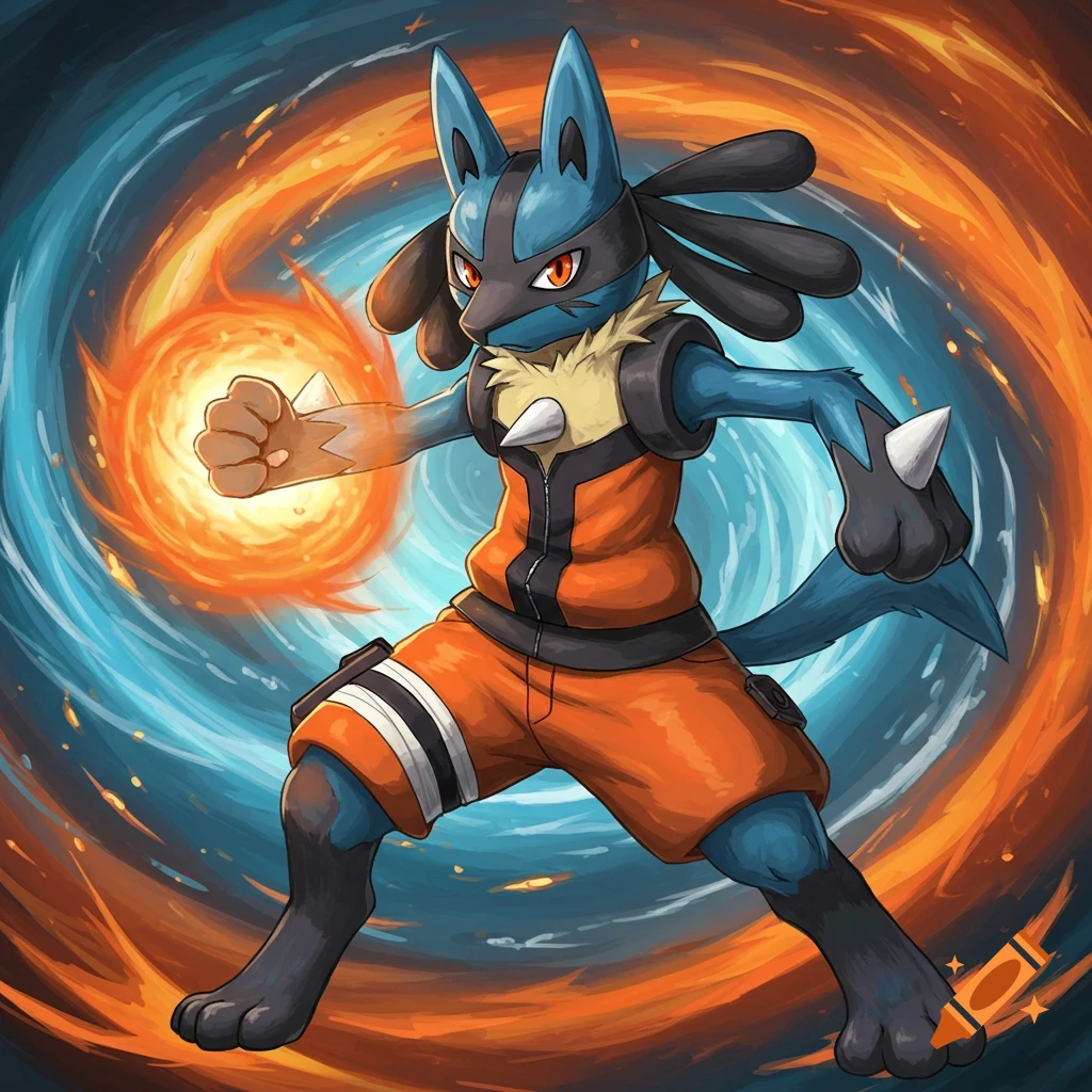 Lucario in a Naruto outfit charging an energy attack against a swirling background in anime art style.