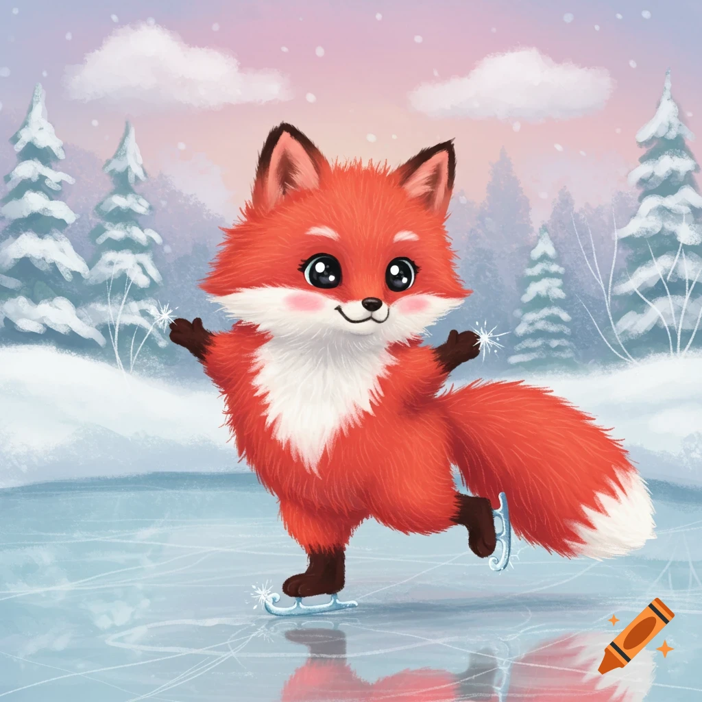 A cute cartoon fox figure skating on ice in a snowy landscape.
