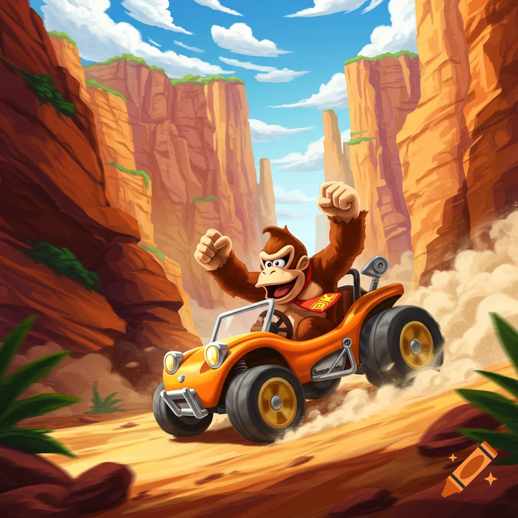 Donkey Kong rides an orange dune buggy through a dusty canyon.