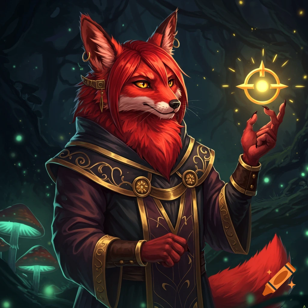 A red-furred vulpin cleric holding a glowing orb in a dark forest.
