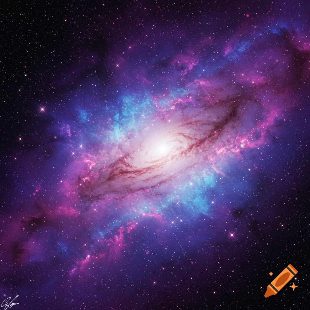 A vibrant spiral galaxy with pink and blue nebulae against a starry background.