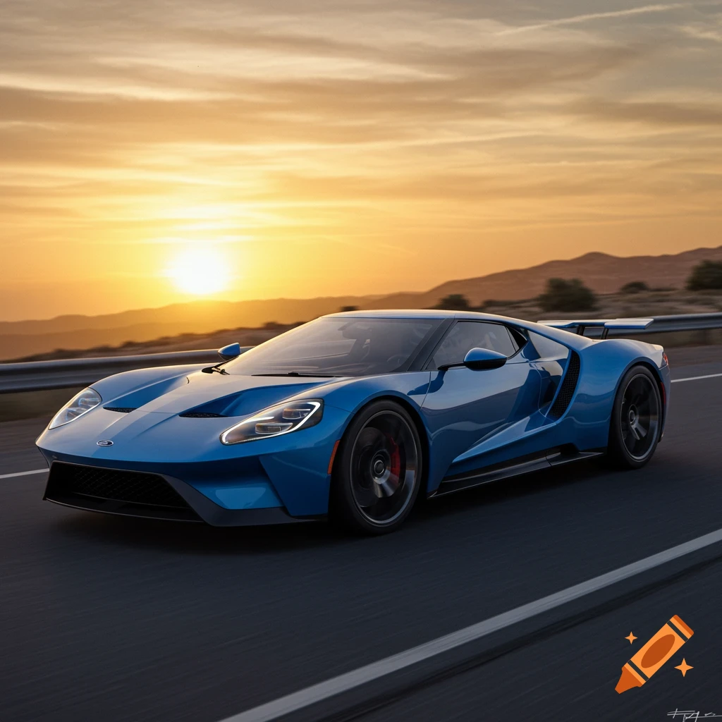 Blue Ford GT driving on a highway at sunset