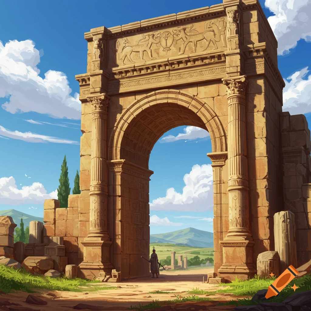 An ancient stone archway stands in a vast landscape, with a lone figure walking towards it.