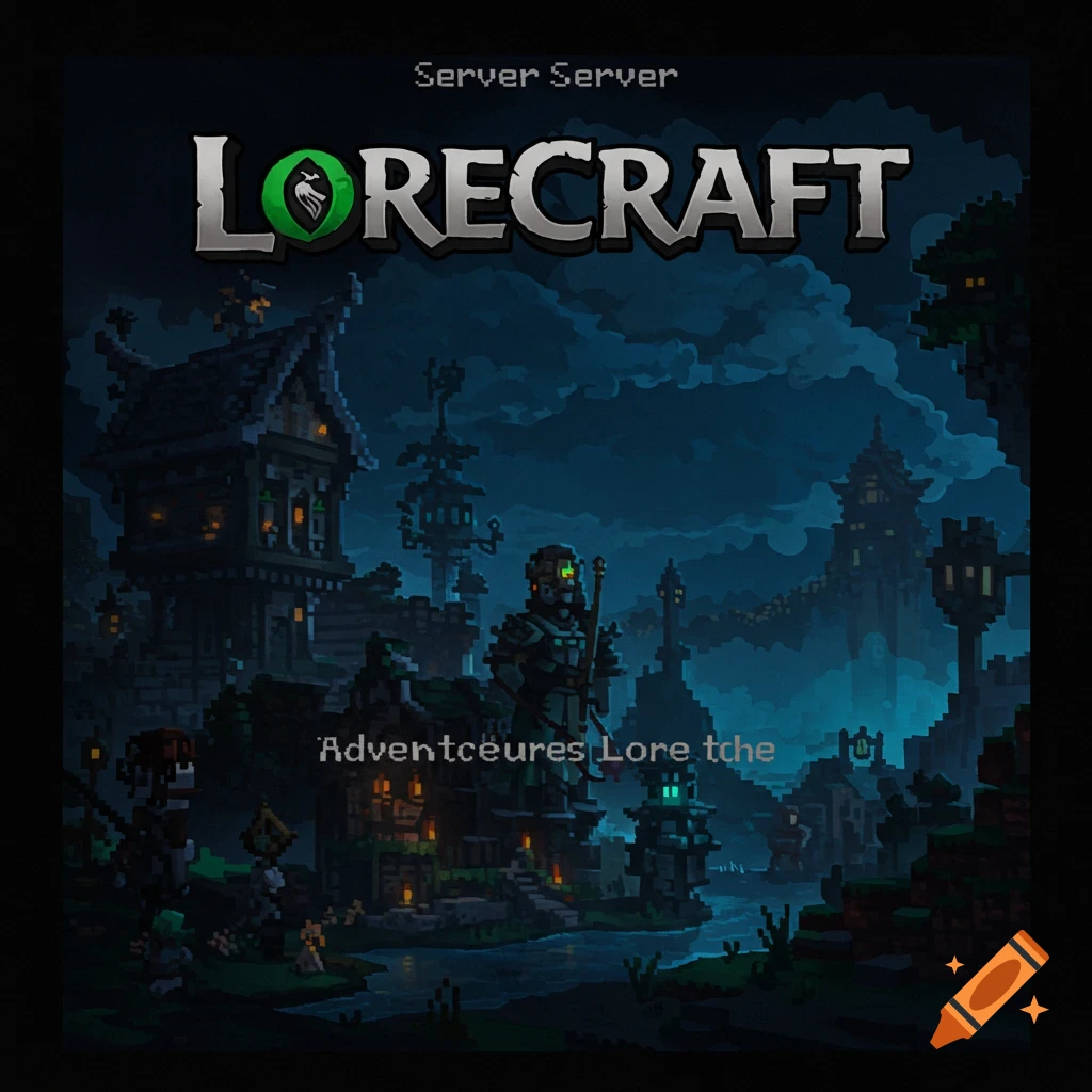 Pixel art image of a fantasy village with characters and a large 'LORECRAFT' title.