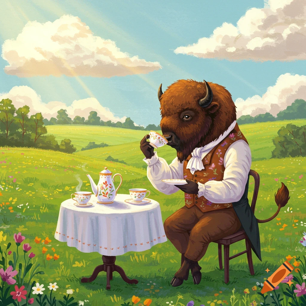 A bison wearing a suit jacket and vest sits at a small table in a grassy field and drinks tea.