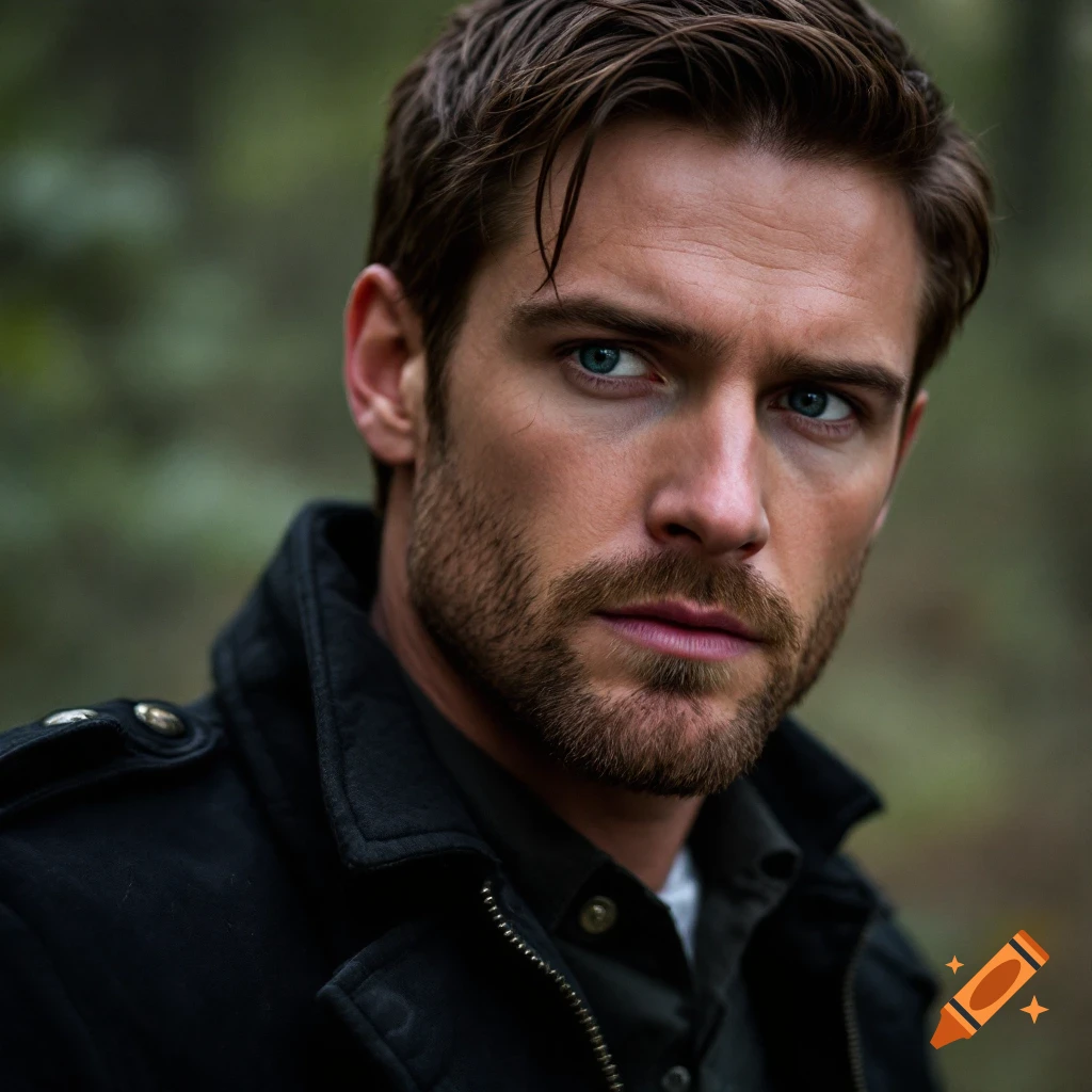 Photorealistic portrait of a man with beard and blue eyes in a forest setting.