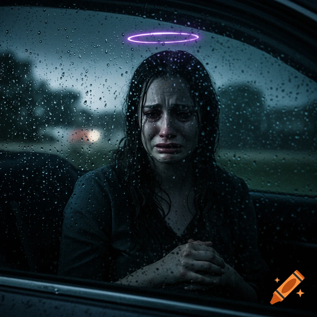 Woman weeping in a car during a rainstorm with a glowing halo above her head.