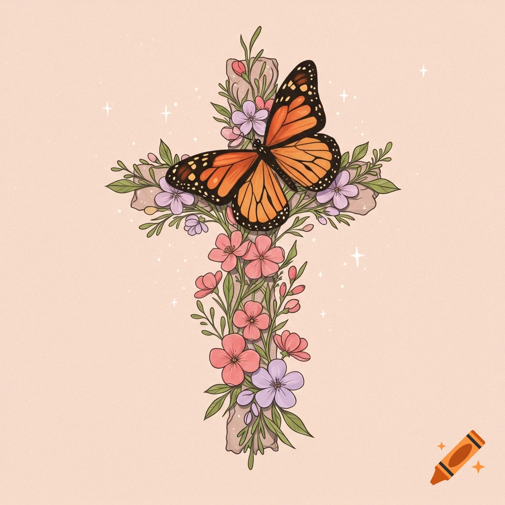 A cross decorated with flowers and a monarch butterfly, in a whimsical illustrative style.