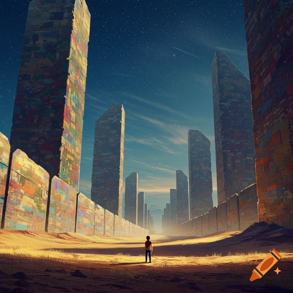 A person stands in a vast desert, looking towards massive, ancient walls and towers under a starry sky.