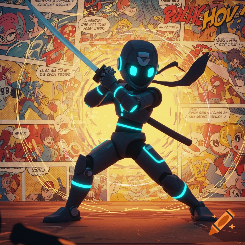 A robot ninja character stands with a katana before a dynamic comic book panel background.