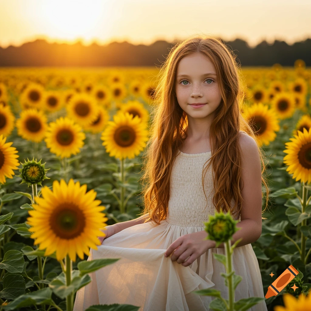 A young girl with red hair stands in a field of sunflowers at sunset.