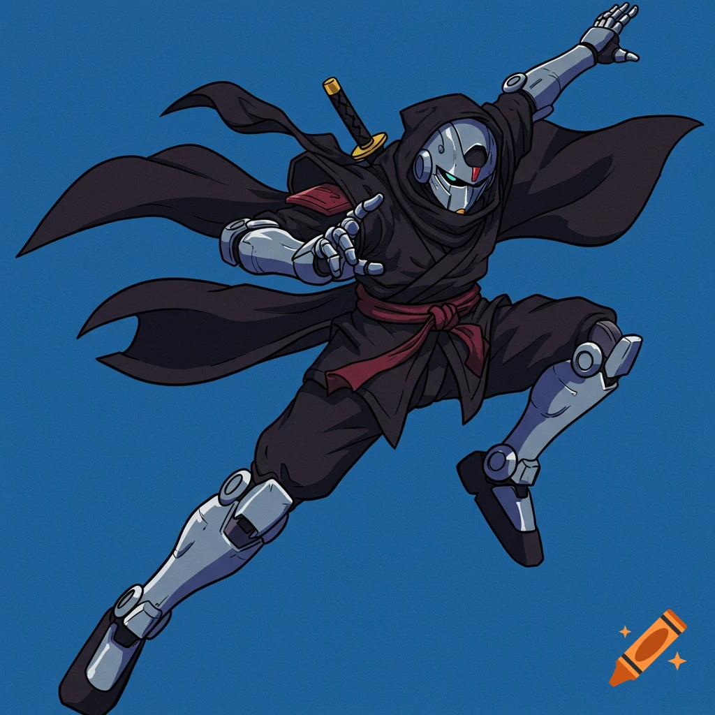 A robot ninja in black gear poses dynamically in a retro anime style.