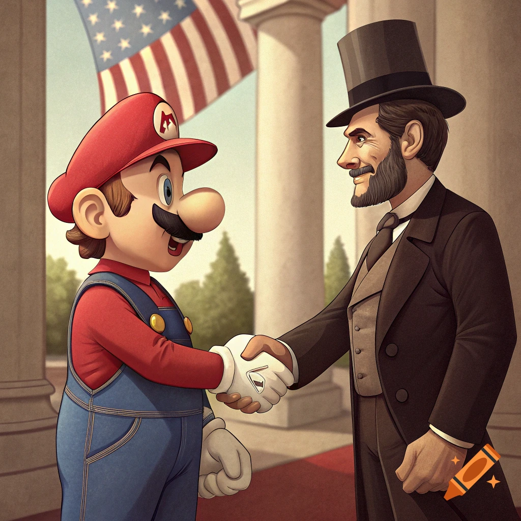 Mario shakes hands with Abraham Lincoln in front of a building with an American flag.