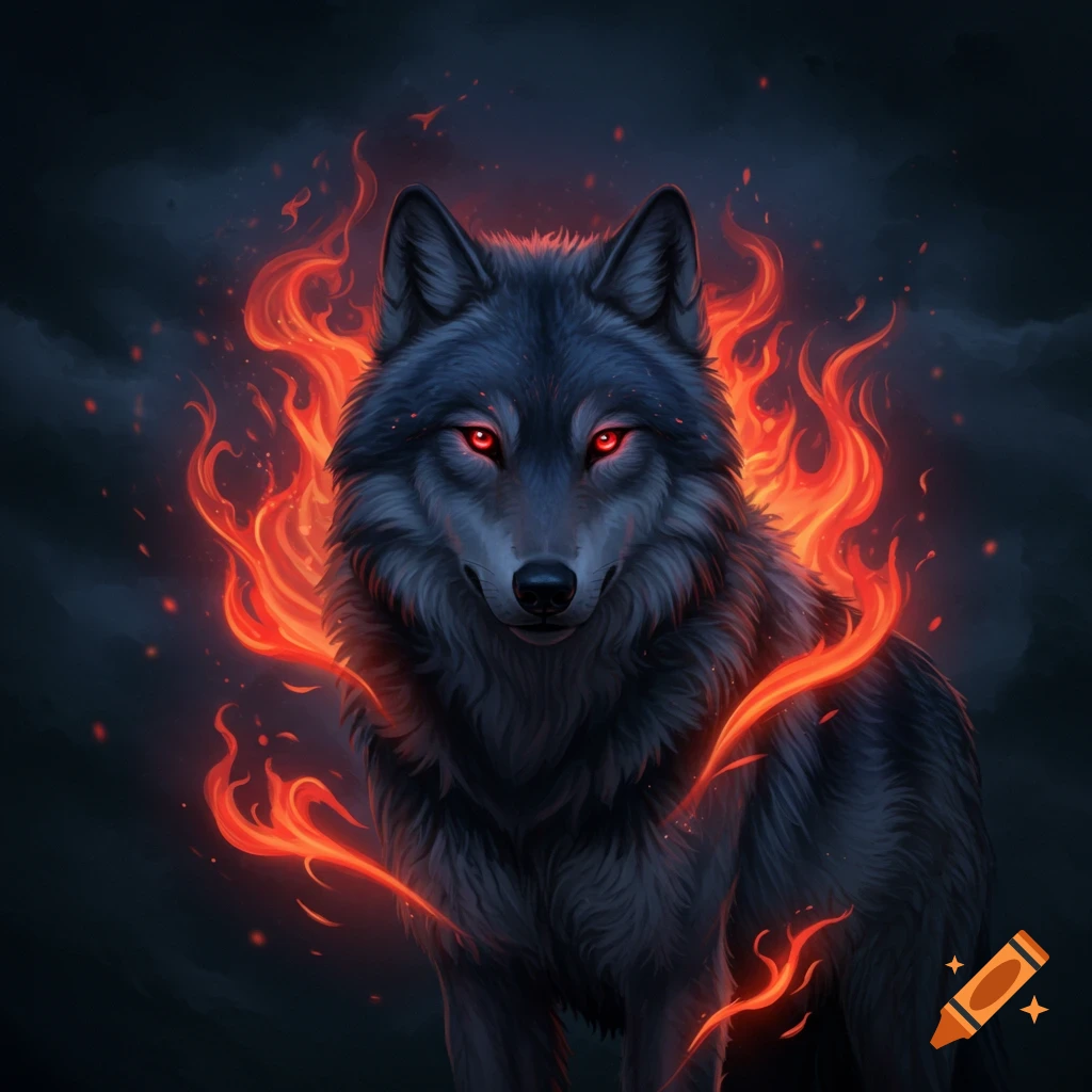 A wolf with red eyes and flames around its body against a dark sky.