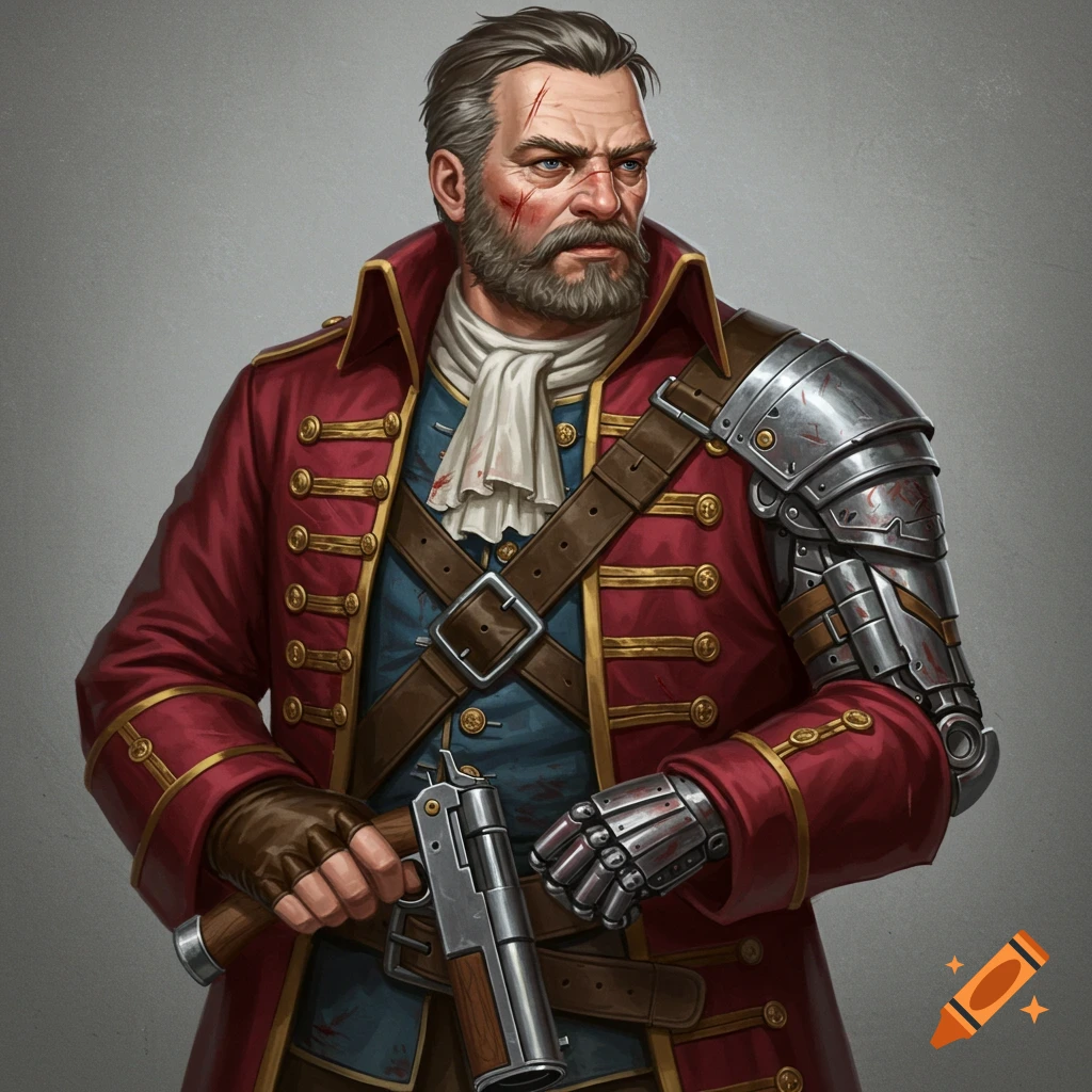 A battle-scarred man in a red coat with a bionic arm, holding a pistol.