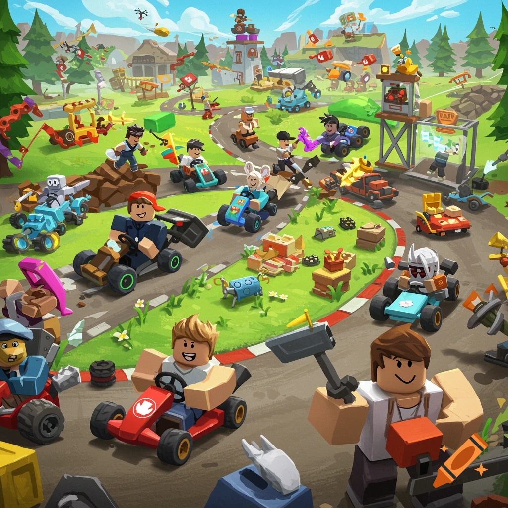 Cartoon blocky characters race go-karts and play minigames in a vibrant landscape.