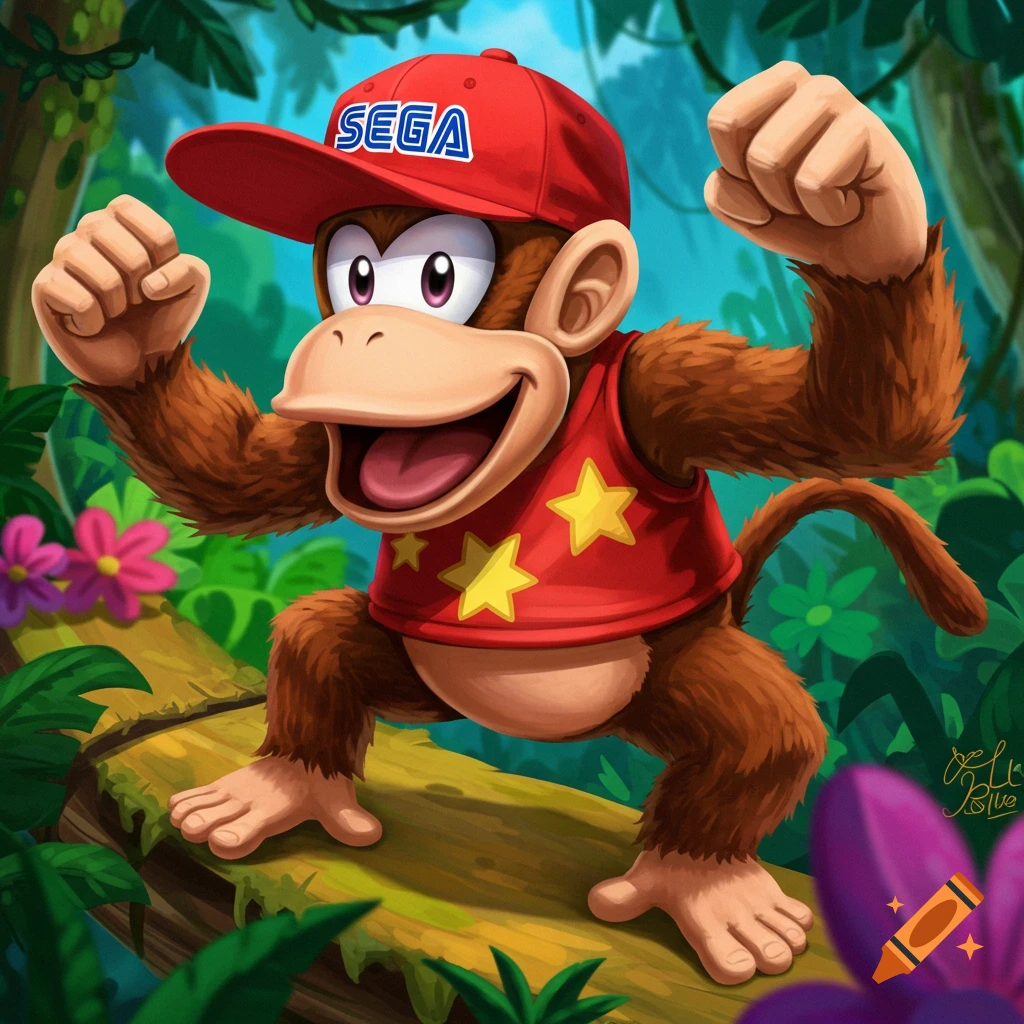 Diddy Kong is in a jungle, wearing a red Sega hat and raising his fists.