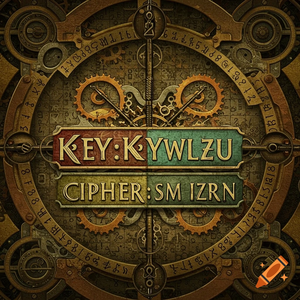 Detailed steampunk mechanical design with gears, a key, and text labels 'KEY: KYWLZU' and 'CIPHER: SM IZRN'.