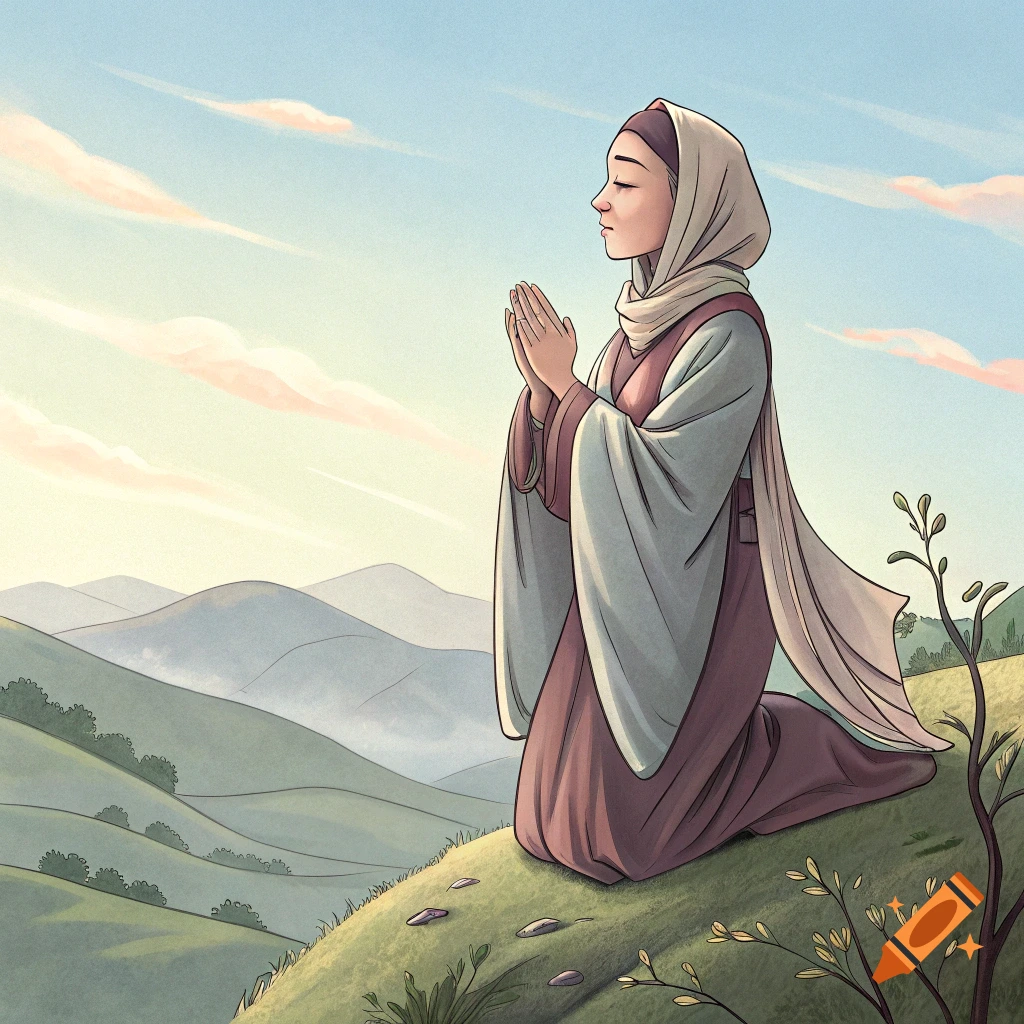Illustration of a woman in covered clothing kneeling in prayer on a grassy hill overlooking mountains.