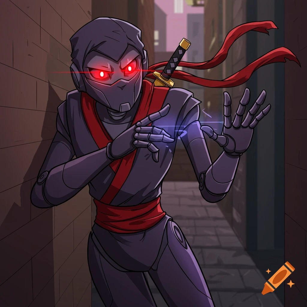 Cartoon robot ninja with glowing red eyes in a back alley.