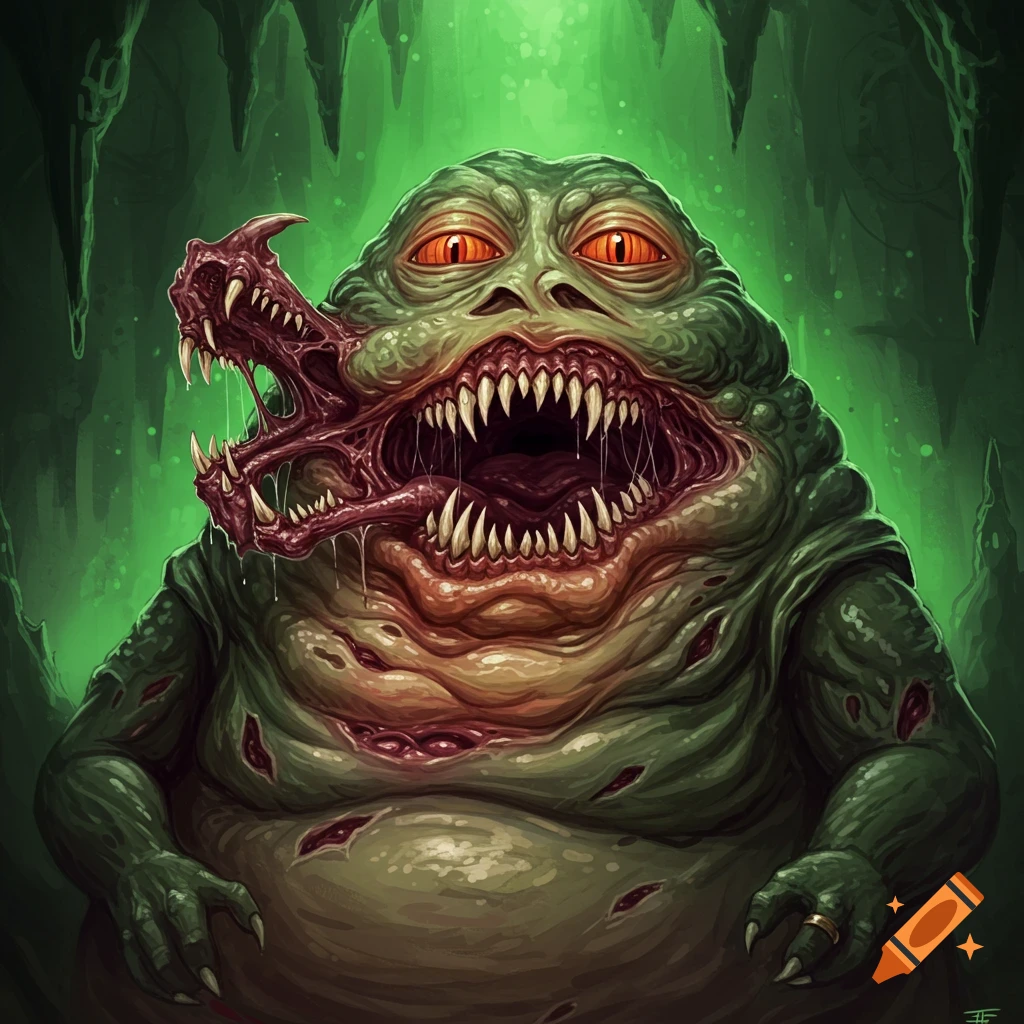 A grotesque green alien creature with multiple mouths and sharp teeth is in a cave.