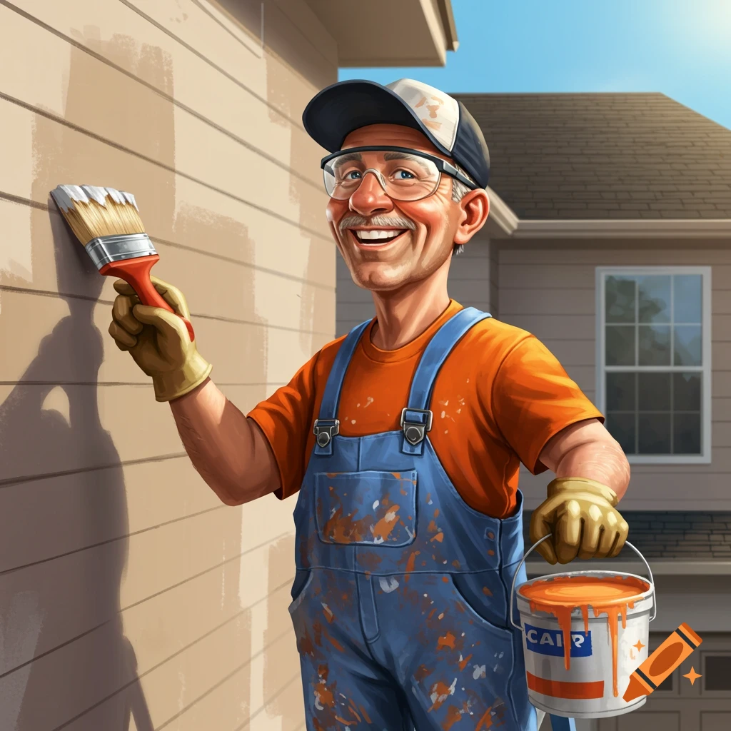 A smiling man in overalls paints the side of a house, holding a brush and paint can in a digital art style.
