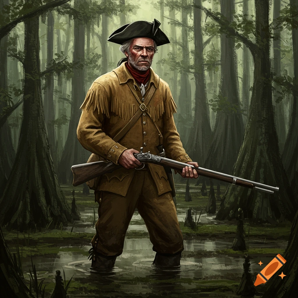 Francis Marion in a swamp holding a rifle
