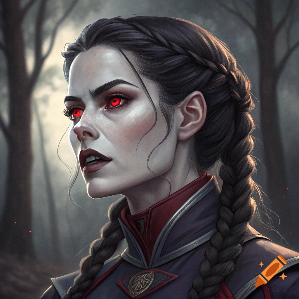 A pale woman with glowing red eyes, fangs, and dark braided hair wears a fantasy outfit in a misty forest setting.