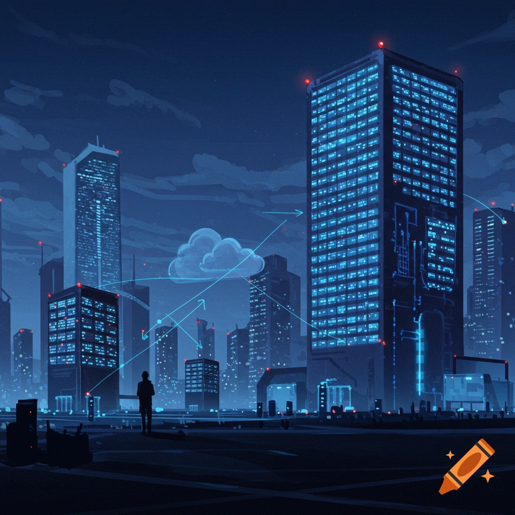 A figure in a futuristic city with data transfer lines connecting buildings to a cloud.
