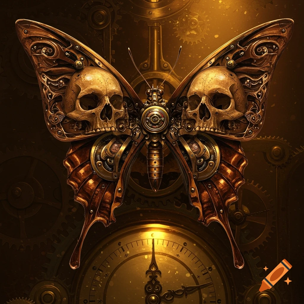 A steampunk butterfly with wings made of skulls and gears, set against a background of clocks and machinery.