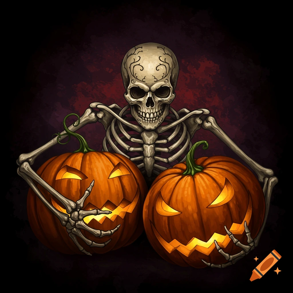 A skeleton holding two carved pumpkins.
