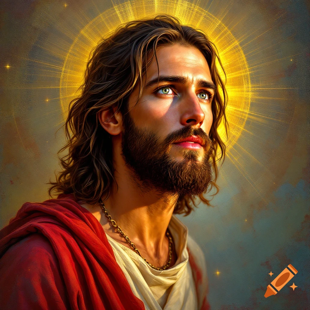 Photorealistic portrait of Jesus looking up with a halo.