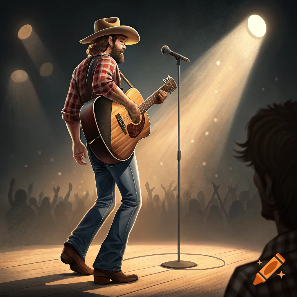 Country singer in a cowboy hat playing guitar on stage under spotlights with a blurred crowd.
