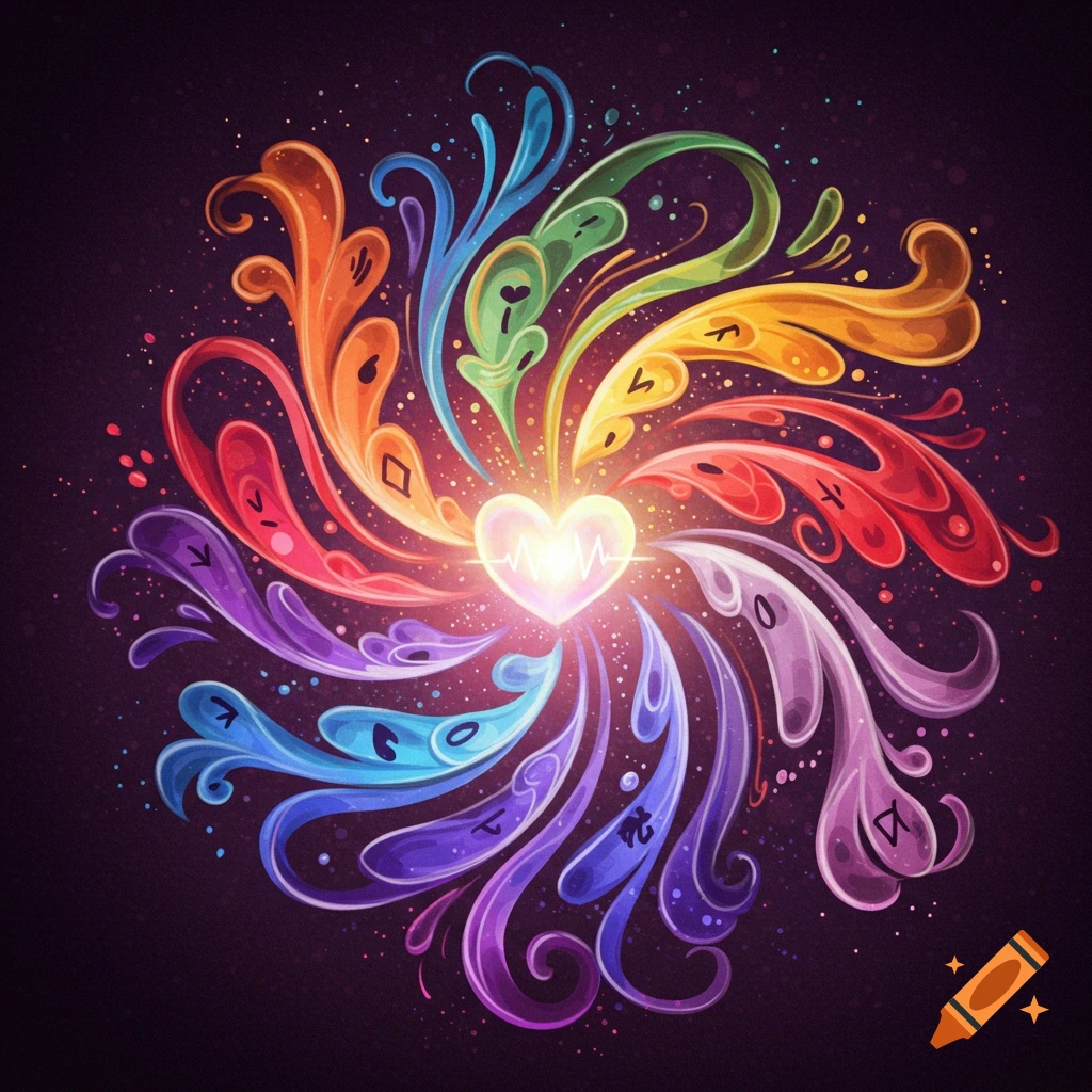 A glowing heart with colorful swirling streams radiating outwards, like a vibrant magical emblem.