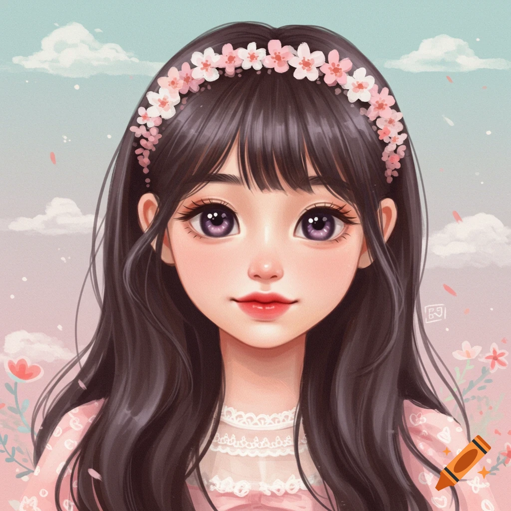 A young woman with long dark hair, bangs, and a pink floral crown