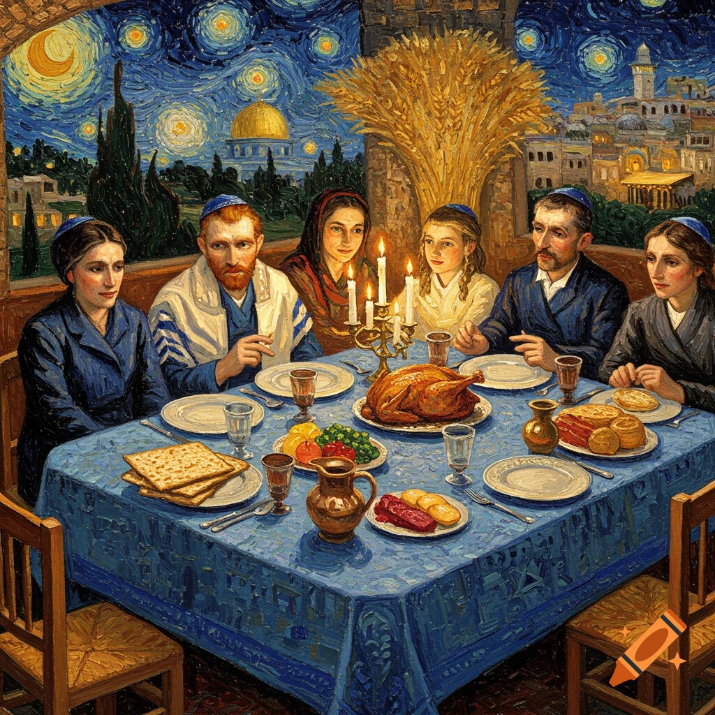 A Van Gogh-style painting of a family at a Passover Seder table with a roasted chicken, matzah, and wine under a starry sky and Jerusalem skyline.