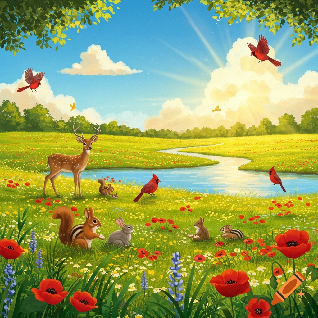 A deer, rabbits, squirrels, chipmunks, and birds are in a sunlit meadow with a stream and flowers.