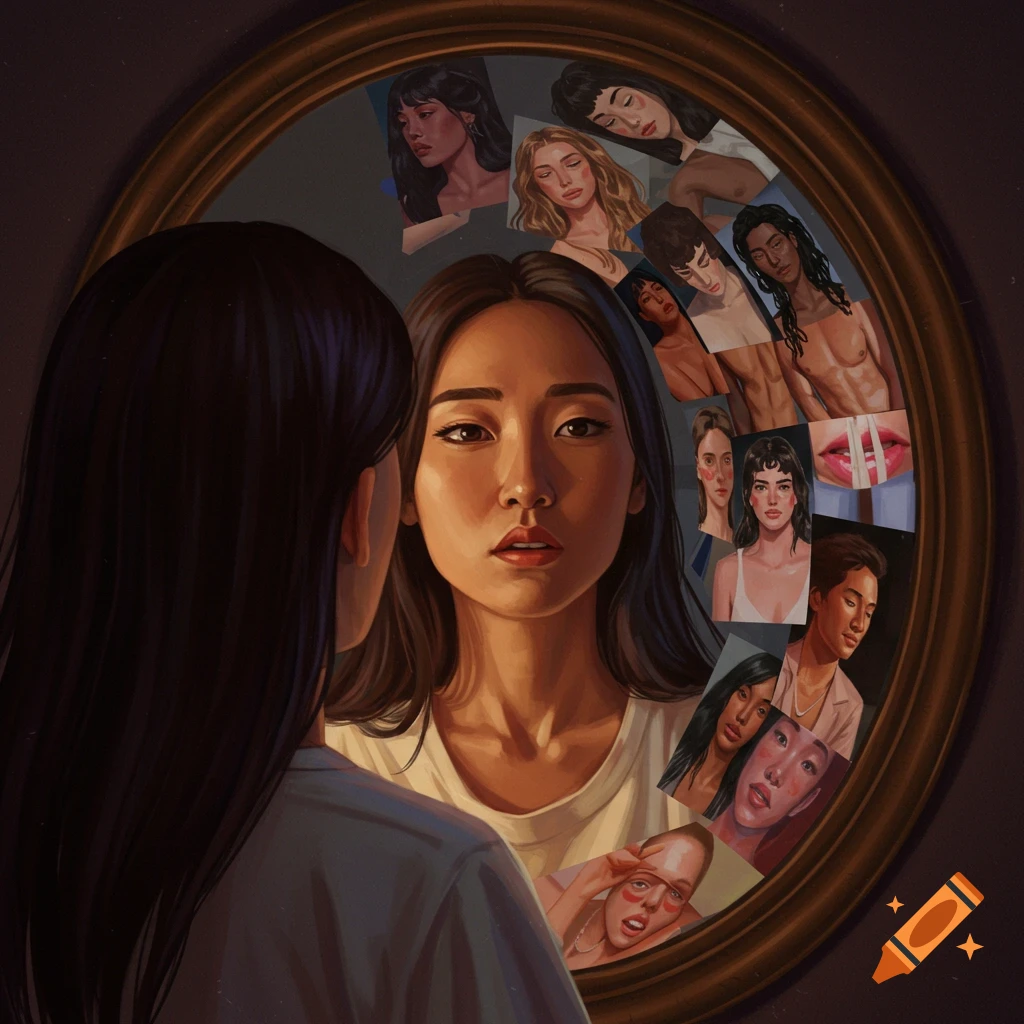 A person looking in a mirror filled with multiple reflected faces and body parts.