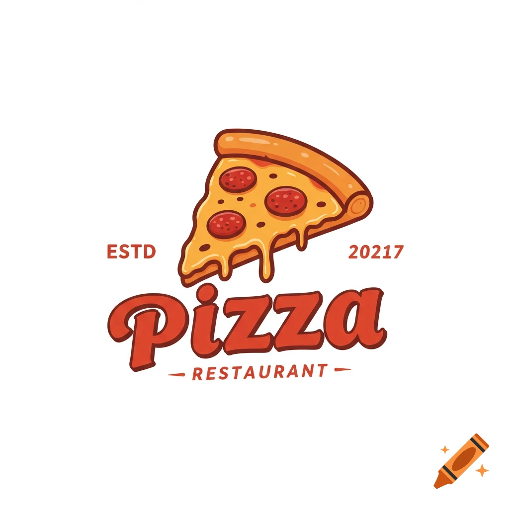 Illustrated logo for a pizza restaurant featuring a pizza slice above the text "Pizza RESTAURANT" with "ESTD 20217".