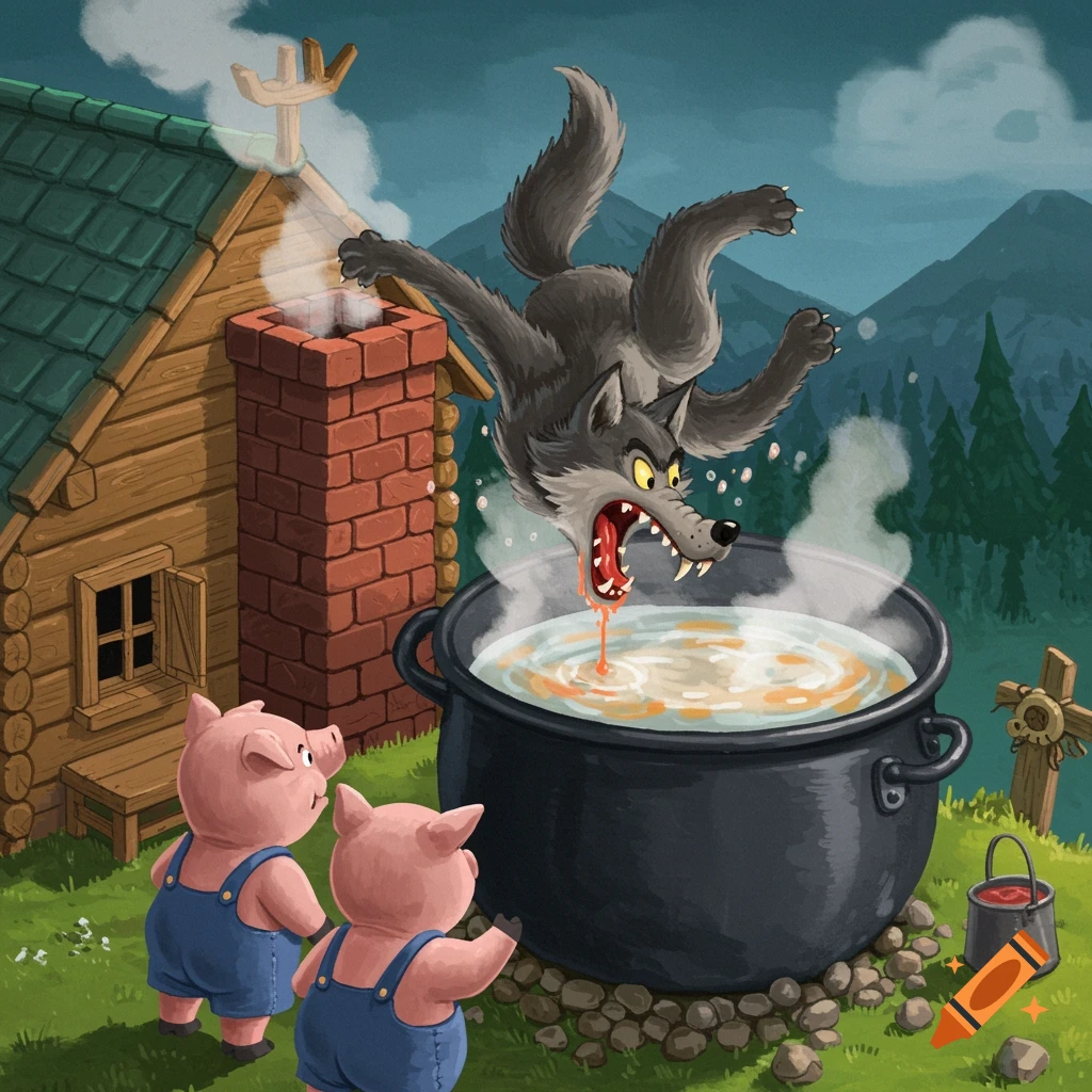 A wolf falls into a pot of boiling water from a chimney while two pigs watch.