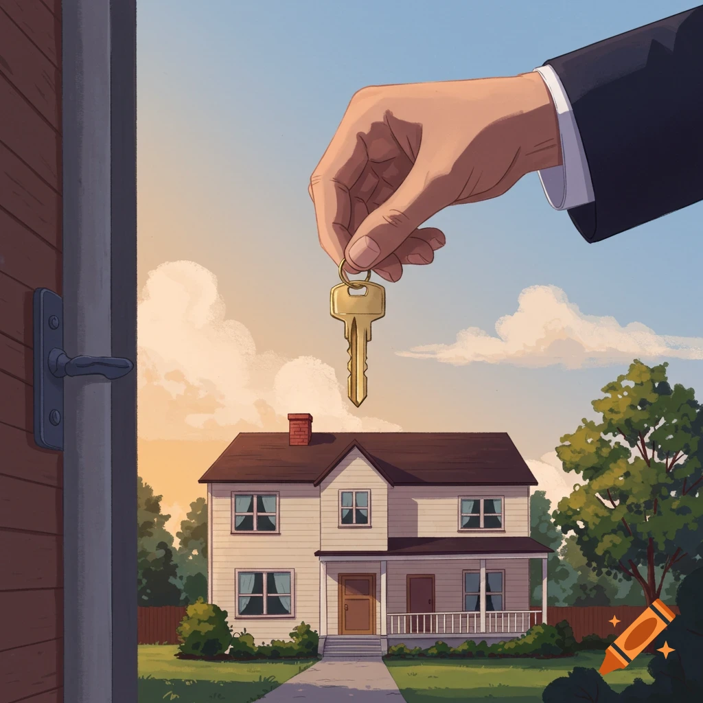 A hand holding a house key with a house in the background.