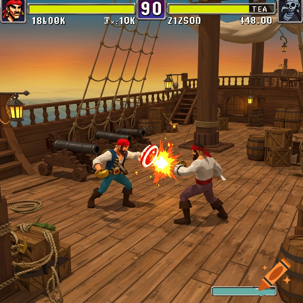 Two low-poly pirates fighting on a ship deck with a game UI overlay, PS1 style.