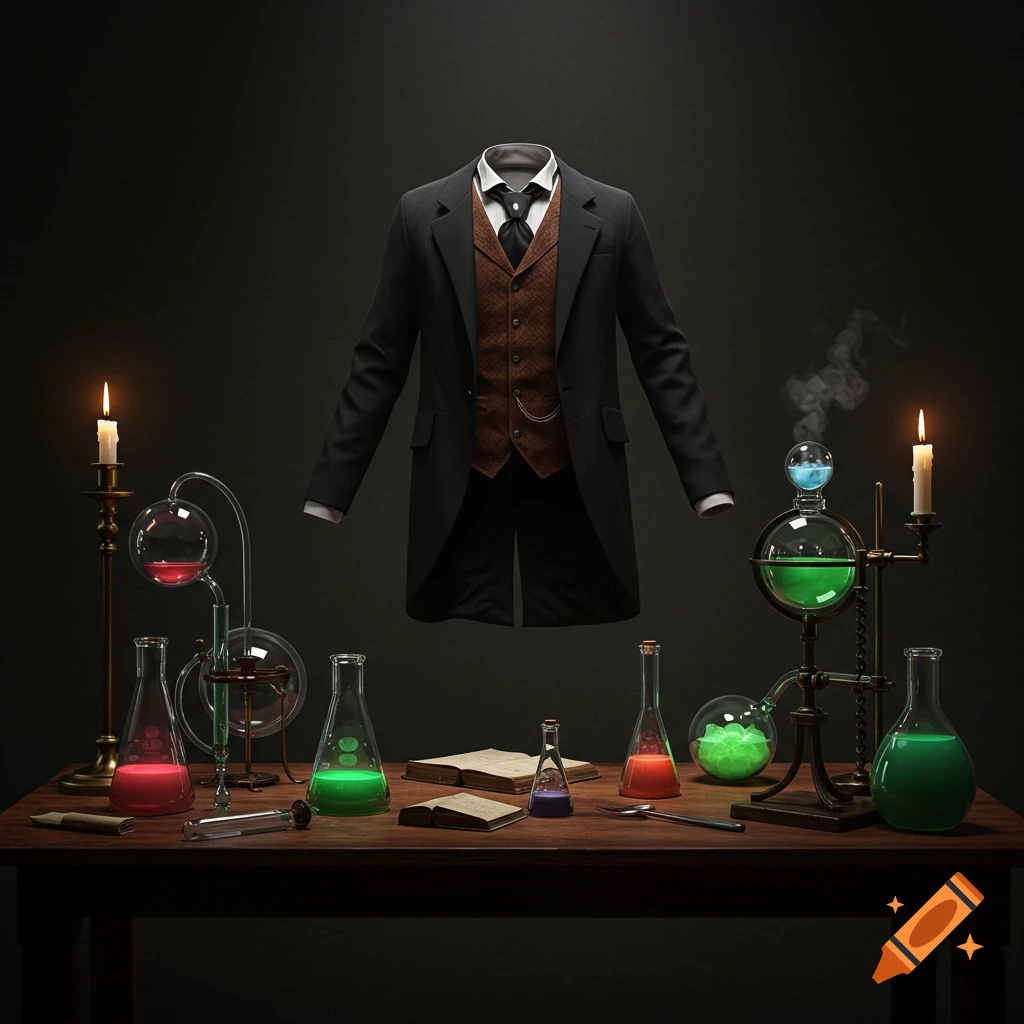 Floating Victorian suit over a table with glowing beakers and lab equipment